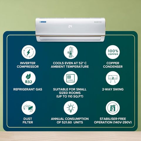 Blue Star 0.8 Ton 3 Star Inverter Split AC (Copper Condenser, Dust Filter, IC309RBTU)