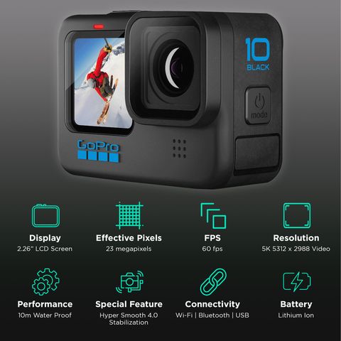 GoPro Hero10 5.3K and 23MP 60 FPS Waterproof Action Camera with Touch Screen (Black)