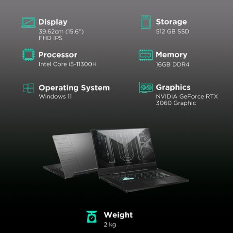 ASUS TUF Dash F15 Intel Core i5 11th Gen (15.6 inch, 16GB, 512GB, Windows 11, MS Office 2019, NVIDIA GeForce RTX 3060 Graphics, FHD IPS Display, Eclipse Grey, FX516PMZ-HN183WS)