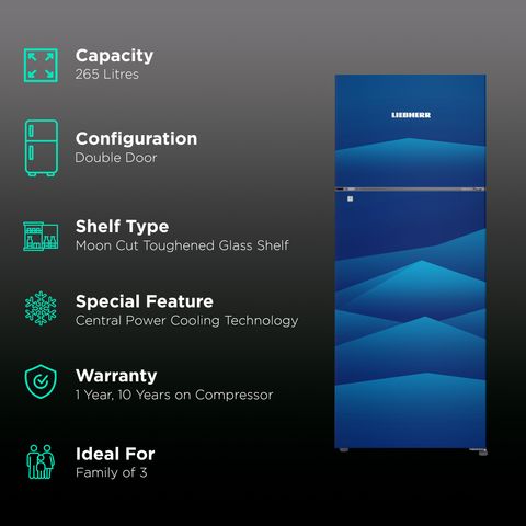 LIEBHERR 265 Litres 3 Star Frost Free Double Door Refrigerator with Forced Air Cooling (TCBL 2620, Blue Landscape)