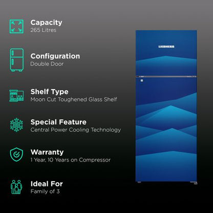 LIEBHERR 265 Litres 3 Star Frost Free Double Door Refrigerator with Forced Air Cooling (TCBL 2620, Blue Landscape)