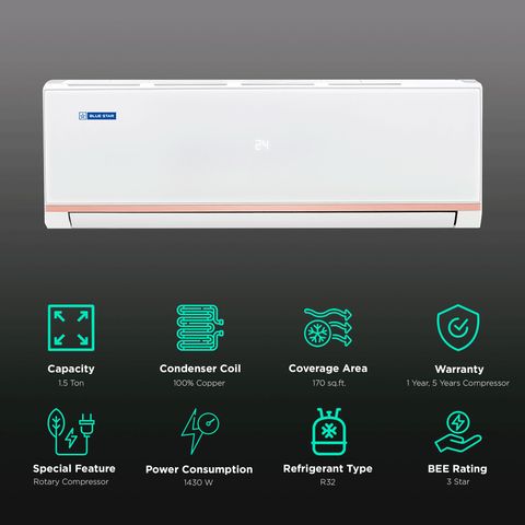 Blue Star PL 1.5 Ton 3 Star Split AC (2022 Model, Copper Condenser, Dust Filter, FA318PLU)