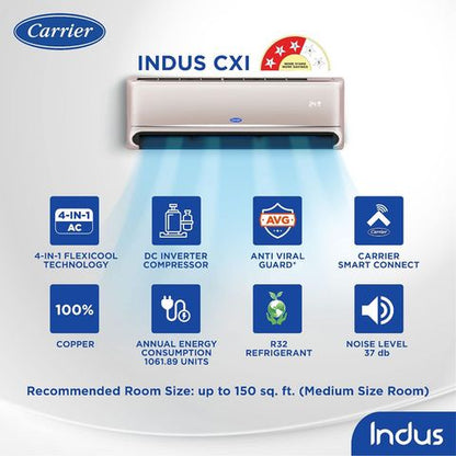 Carrier Indus CXI 4 in 1 Convertible 1.5 Ton 3 Star Hybridjet Inverter Split Smart AC with Dust Filter (2022 Model, Copper Condenser, CAI18IN3R31F1)