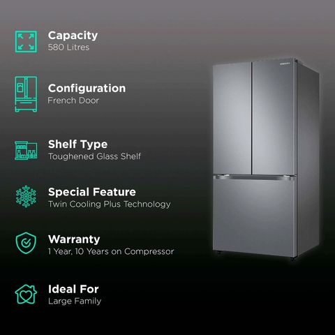 SAMSUNG 580 Litres 4 Star Frost Free French Door Convertible Refrigerator with Twin Cooling Plus Technology (RF57A5032S9/TL, Refined Inox)