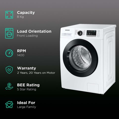 SAMSUNG 8 kg 5 Star Inverter Fully Automatic Front Load Washing Machine (WW80T4040CE1TL, Diamond Drum, White)