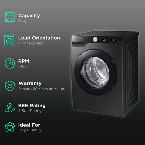 SAMSUNG 8 kg 5 Star Inverter Fully Automatic Front Load Washing Machine (WW80T504DAB1TL, AI Control Display, Black Caviar)