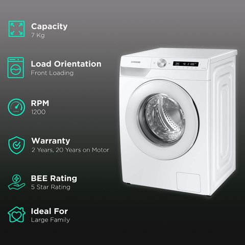 SAMSUNG 7 kg 5 Star Inverter Fully Automatic Front Load Washing Machine (WW70T502NTW/TL, Diamond Drum, White)