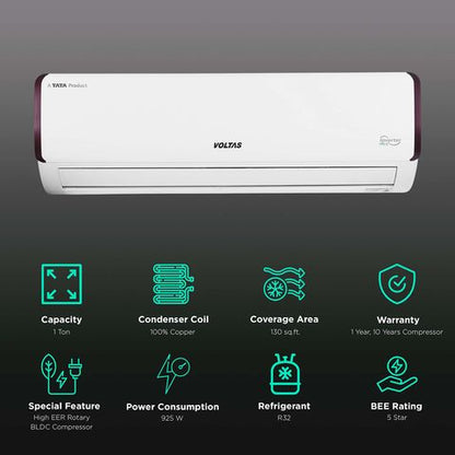 VOLTAS Executive 5 in 1 Convertible 1 Ton 5 Star Maha Adjustable Inverter Split AC with Anti Microbial Protection (2022 Model, Copper Condenser, 125V EAZQ)