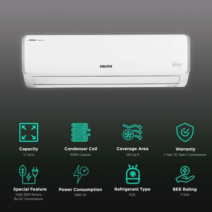 VOLTAS Executive 5 in 1 Convertible 1.1 Ton 3 Star Adjustable Inverter Split AC with Anti Microbial Protection (Copper Condenser, 133V MEAZQ)