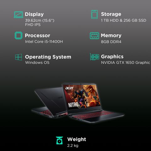 acer Nitro 5 Intel Core i5 11th Gen (15.6 inch, 8GB, 1TB and 256GB, Windows 11, NVIDIA GTX 1650, IPS Display, Black, UN.QEHSI.004)