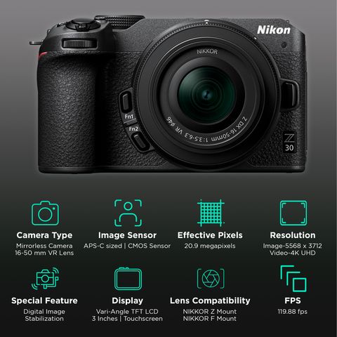 Nikon Z 30 20.9MP Mirrorless Camera (16-50 mm Lens, 23.5 x 15.7 mm Sensor, Dual Microphones)