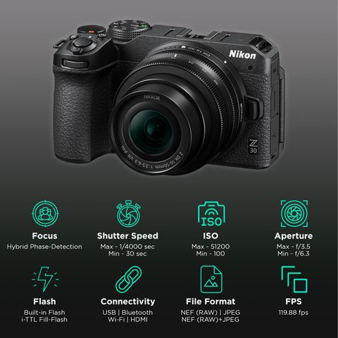 Nikon Z 30 20.9MP Mirrorless Camera (16-50 mm Lens, 23.5 x 15.7 mm Sensor, Dual Microphones)