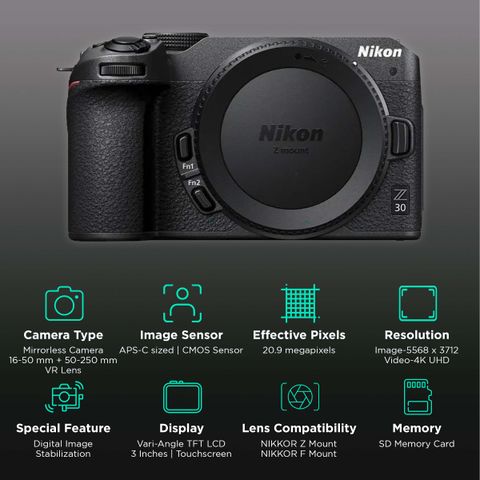 Nikon Z 30 20.9MP Mirrorless Camera (16-50 mm and 55-210 mm Lens, 23.5 x 15.7 mm Sensor, Tiltable Screen)