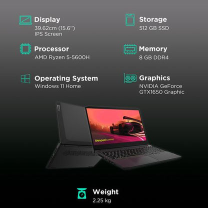 Lenovo IdeaPad Gaming 3 15ACH6 AMD Ryzen5 (15.6 inch, 8GB, 512GB, Windows 11 Home, MS Office 2021, NVIDIA GeForce GTX 1650 Graphics, Full HD IPS Display, Shadow Black, 82K201YCIN)