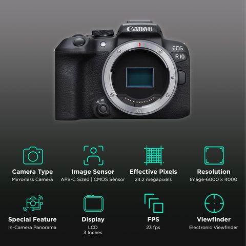 Canon EOS R10 24.2MP Mirrorless Camera (Body Only, 22.3 x 14.9 mm Sensor, Vari-Angle Touch Screen LCD)