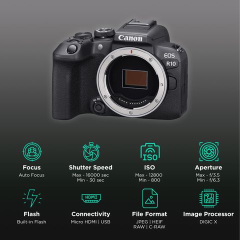 Canon EOS R10 24.2MP Mirrorless Camera (Body Only, 22.3 x 14.9 mm Sensor, Vari-Angle Touch Screen LCD)