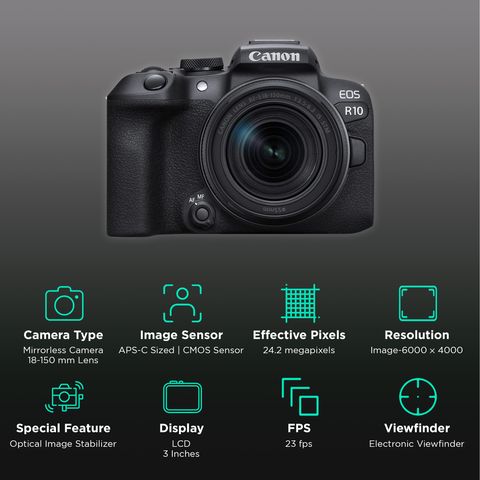 Canon EOS R10 24.2MP Mirrorless Camera (18-150 mm Lens, 22.3 x 14.9 mm Sensor, Vari-Angle Touch Screen LCD)