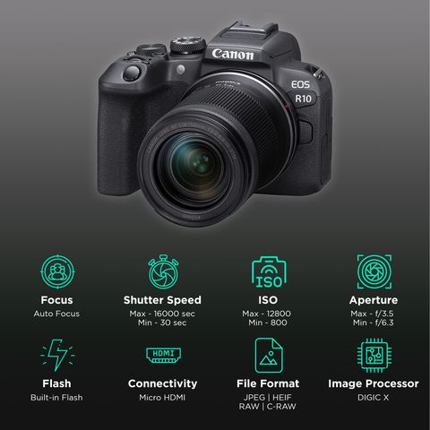 Canon EOS R10 24.2MP Mirrorless Camera (18-150 mm Lens, 22.3 x 14.9 mm Sensor, Vari-Angle Touch Screen LCD)