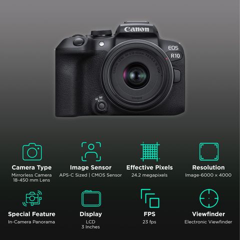 Canon EOS R10 24.2MP Mirrorless Camera (18-45 mm Lens, 22.3 x 14.9 mm Sensor, Vari-Angle Touch Screen LCD)