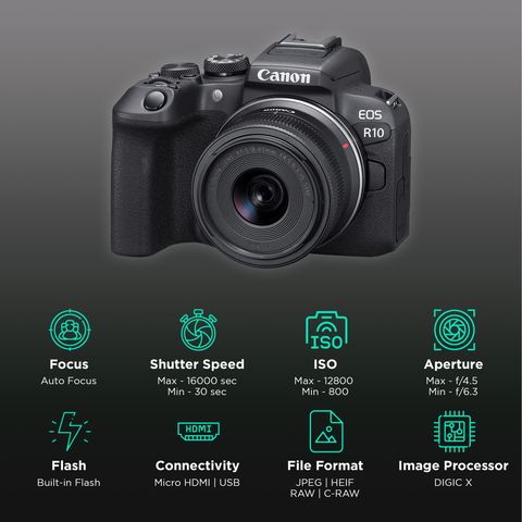 Canon EOS R10 24.2MP Mirrorless Camera (18-45 mm Lens, 22.3 x 14.9 mm Sensor, Vari-Angle Touch Screen LCD)