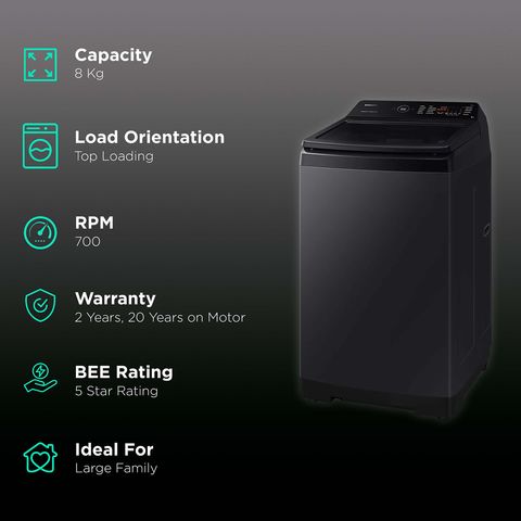 SAMSUNG 8 kg 5 Star Fully Automatic Top Load Washing Machine (WA80BG4545BVTL, Diamond Drum, Black Caviar)