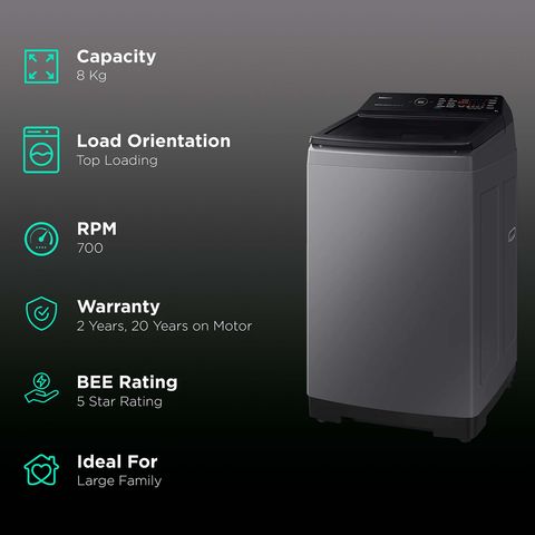 SAMSUNG 8 kg 5 Star Fully Automatic Top Load Washing Machine (WA80BG4582BDTL, In-built Heater, Dark Gray)