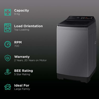 SAMSUNG 9 kg 5 Star Fully Automatic Top Load Washing Machine (WA90BG4582BDTL, In-built Heater, Dark Gray)