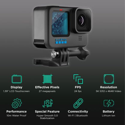 GoPro Hero11 5.3K and 27MP 60 FPS Waterproof Action Camera with Front + Rear LCD Screens (Black)