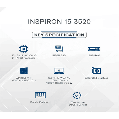 DELL Inspiron 3520 Intel Core i5 12th Gen (15.6 inch, 8GB, 512GB, Windows 11, Microsoft Office 2021, Intel UHD Graphics, FHD LED Backlit Display, Platinum Silver, D560885WIN9S)