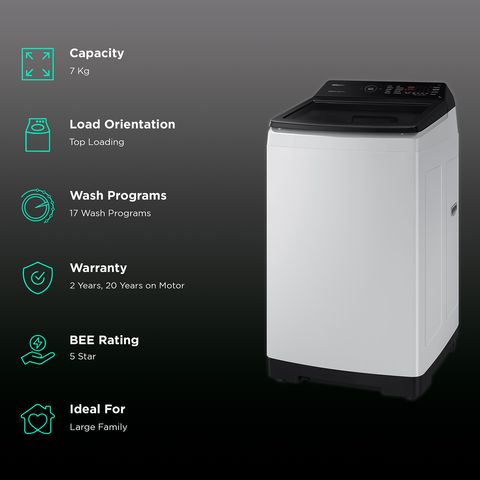 SAMSUNG 7 Kg 5 Star Inverter Fully Automatic Top Load Washing Machine (WA70BG4545BGTL, Ecobubble Technology, Light Grey)