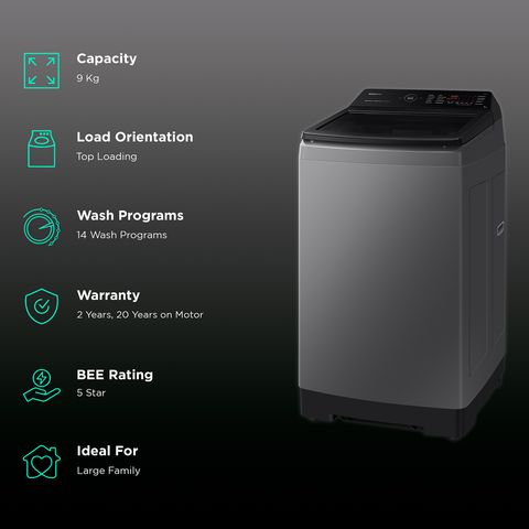 SAMSUNG 9 Kg 5 Star Inverter Fully Automatic Top Load Washing Machine (WA90BG4542BDTL, Diamond Drum, Dark Grey)