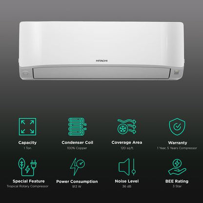 HITACHI Senpai 3200FL 1 Ton 3 Star Split AC (2022 Model, Copper Condenser, Superfine Mesh Filter, RAS.B312PCAIBA)