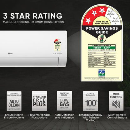 LG 6 in 1 Convertible 1 Ton 3 Star AI Dual Inverter Split AC with Auto Clean (2023 Model, Copper Condenser, RS-Q12BNXE)