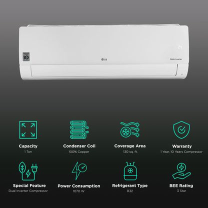 LG 6 in 1 Convertible 1 Ton 3 Star AI Dual Inverter Split AC with Auto Clean (2023 Model, Copper Condenser, RS-Q12BNXE)