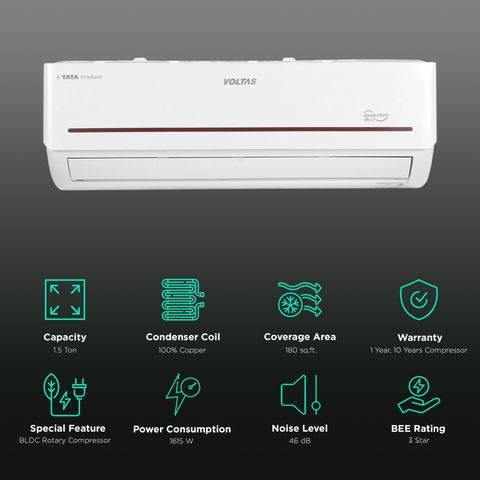 VOLTAS 1.5 Ton 3 Star Inverter Split AC (Copper Condenser, Anti Dust, 183V Vectra Prism)