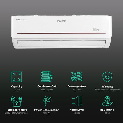 VOLTAS 1.5 Ton 3 Star Inverter Split AC (Copper Condenser, Anti Dust, 183V Vectra Prism)