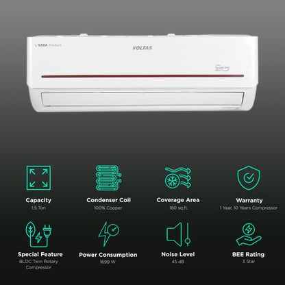 VOLTAS 1.5 Ton 3 Star Hot and Cold Inverter Split AC (Copper Condenser, Anti Dust Filter, 183VH Vertis Prism)