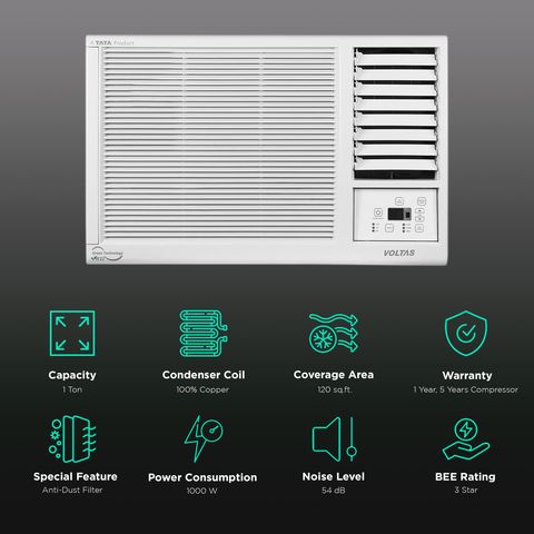 Voltas Vectra 1 Ton 3 Star Fixed Speed Window AC (2023 Model, Copper Condenser, Anti Dust Filter, 123 Vectra Platina)