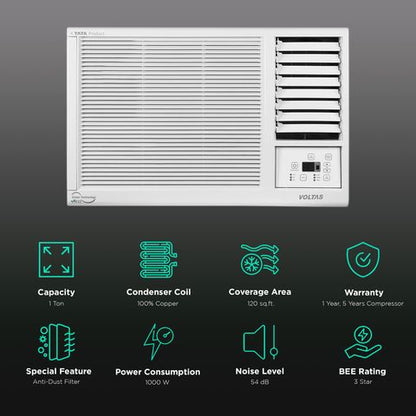 Voltas Vectra 1 Ton 3 Star Fixed Speed Window AC (2023 Model, Copper Condenser, Anti Dust Filter, 123 Vectra Platina)