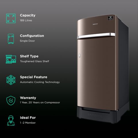 SAMSUNG 189 Litres 5 Star Direct Cool Single Door Refrigerator with Anti-Bacterial Gasket (RR21C2H25DX/HL, Luxe Brown)