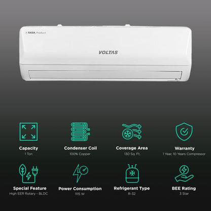 VOLTAS Vertis 5 in 1 Convertible 1 Ton 3 Star Inverter Split AC with 4-Way Swing (2023 Model, Copper Condenser, 123V Vertis Emerald Marvel)