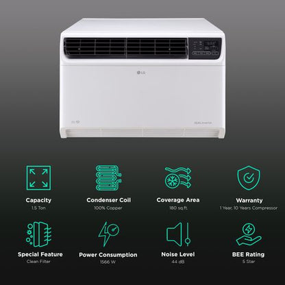 LG 4 in 1 Convertible 1.5 Ton 5 Star Dual Inverter Window AC with Smart Diagnosis System (2023 Model, Copper Condenser, RW-Q18WUZA)