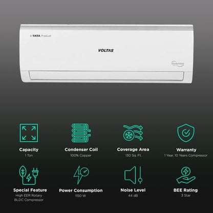 VOLTAS Vectra 4 in 1 Convertible 1 Ton 3 Star Inverter Split AC with Anti Dust Filter (2023 Model, Copper Condenser, 123V Vectra Elite)