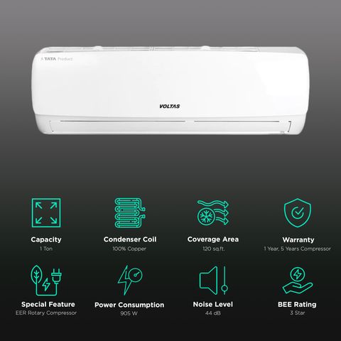 VOLTAS 123 Vectra Elegant 1 Ton 3 Star Split AC (Copper Condenser, Anti Dust Filter)