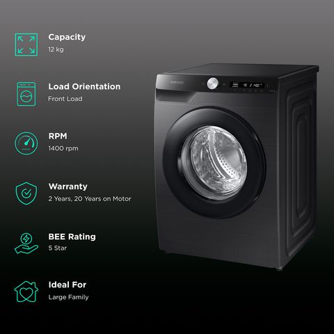 SAMSUNG 12 kg 5 Star Inverter Fully Automatic Front Load Washing Machine (WW12T504DAB/TL, Built-In Heater, Black Caviar)