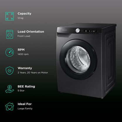 SAMSUNG 12 kg 5 Star Inverter Fully Automatic Front Load Washing Machine (WW12T504DAB/TL, Built-In Heater, Black Caviar)