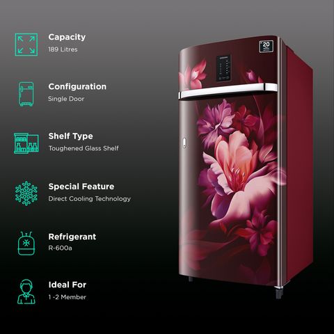 SAMSUNG 189 Litres 4 Star Direct Cool Single Door Refrigerator (RR21C2E24RZ/HL, Midnight Blossom Red)