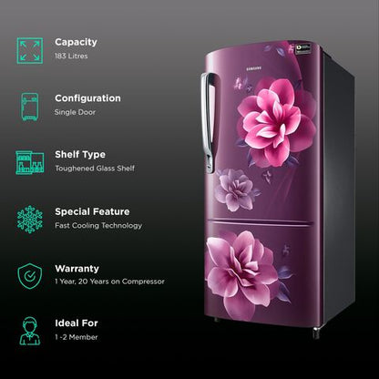 SAMSUNG 183 Litres 4 Star Direct Cool Single Door Refrigerator with Antibacterial Gasket (RR20C1724CR/HL, Camellia Purple)