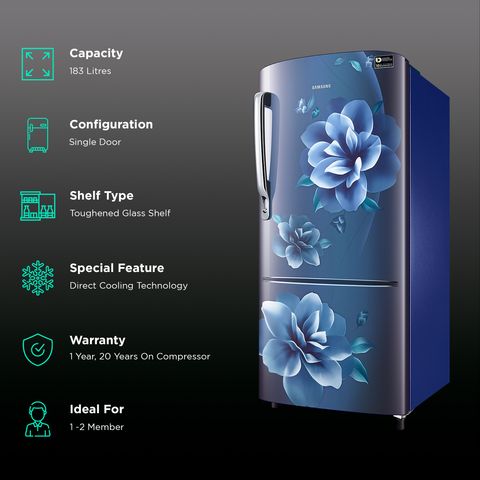 SAMSUNG 183 Litres 4 Star Direct Cool Single Door Refrigerator with Anti-Bacterial Gasket (RR20C1724CU/HL, Camellia Blue)