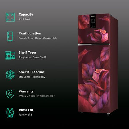 Whirlpool Intellifresh Pro 278 231 Litres 2 Star Frost Free Double Door Convertible Refrigerator with 6th Sense Technology (Wine)